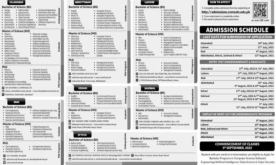 COMSATS University admissions June 2022