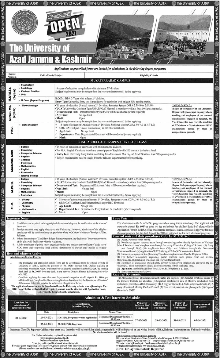 The University of Azad Jammu & Kashmir Admissions Mar 2021