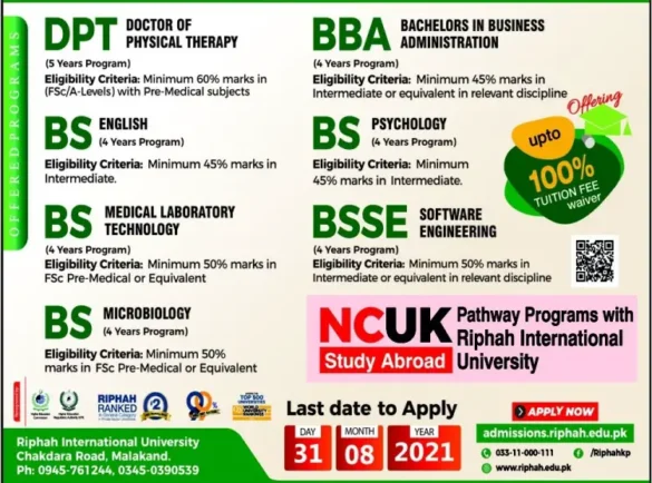 Riphah International University Chakdara Admissions for August 2021